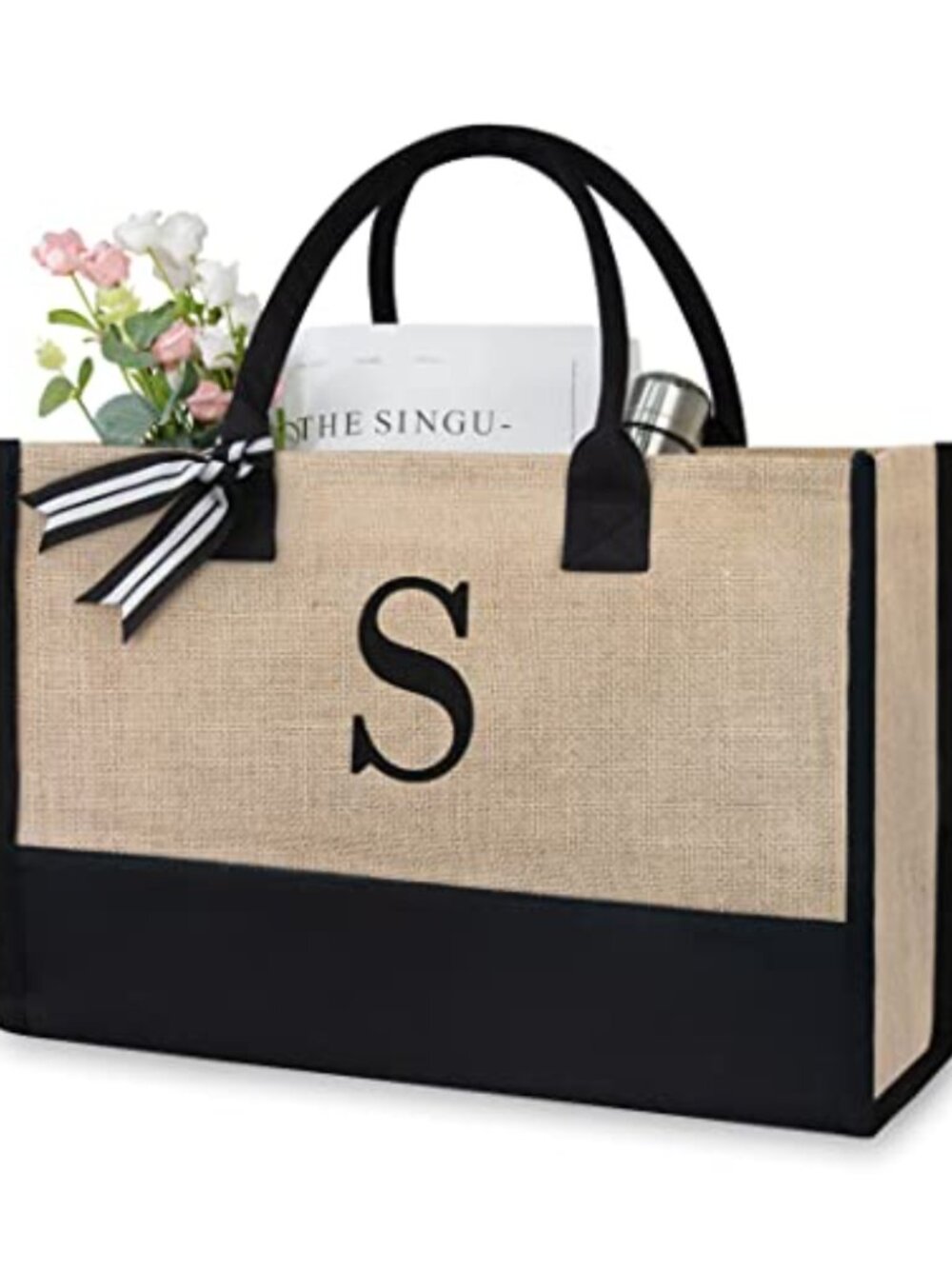 Jute Canvas Beach Tote Bag Monogrammed Initial Shoulder Purse